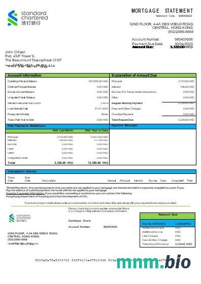 Hong Kong Standard Chartered Bank wyciąg z kredytu hipotecznego szablon Word i PDF